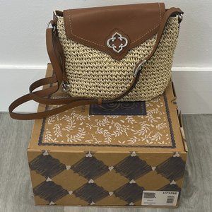 Brighton Finley Straw Flap Crossbody Bag in Nat/Luggage with Toledo Hardware